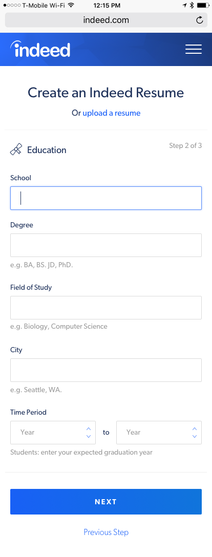 Create Resume - Step 2
