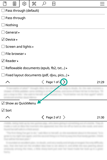 KOReader settings spread across categories and pages