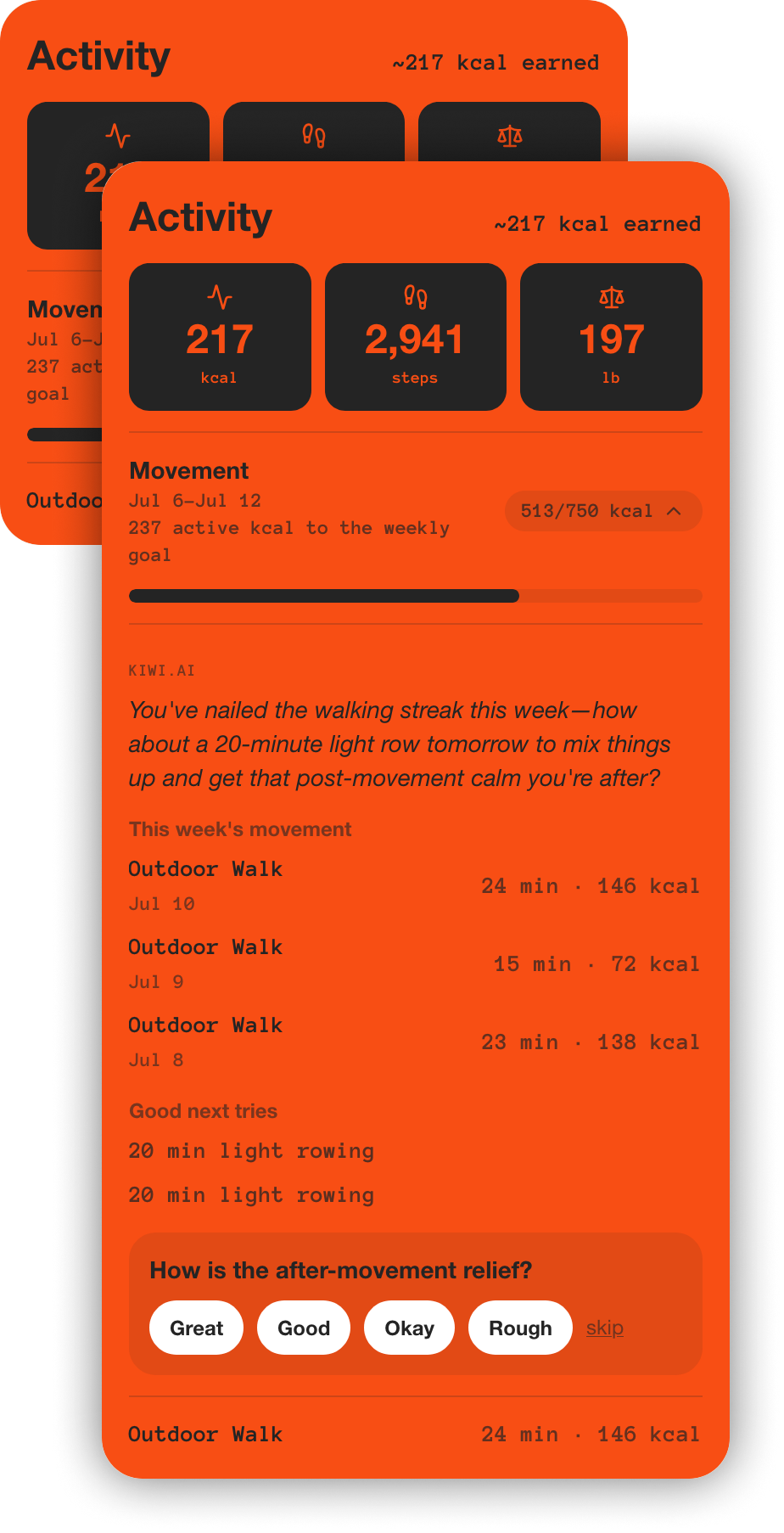Kiwi activity view showing active calories, steps, and weekly movement