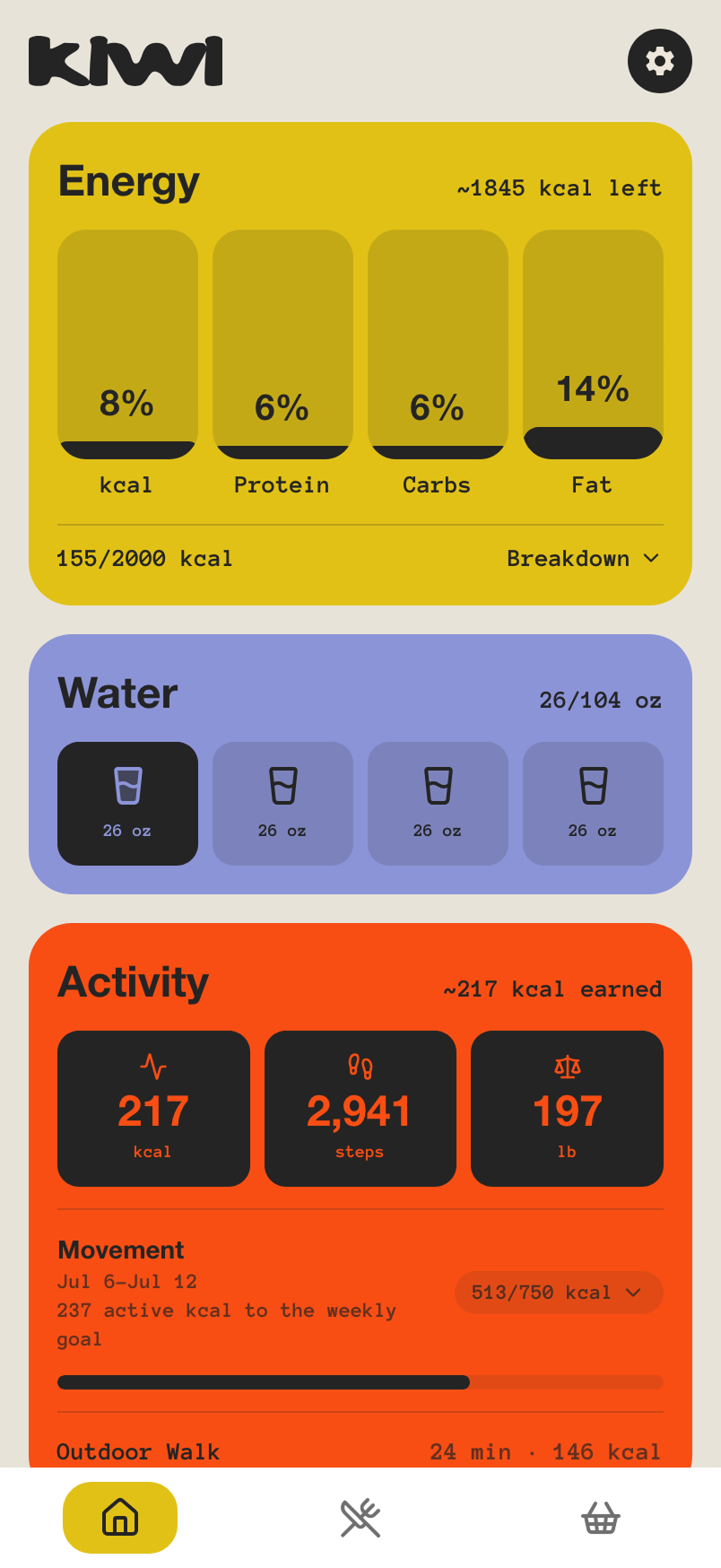 Kiwi home screen with energy, water, and activity at a glance