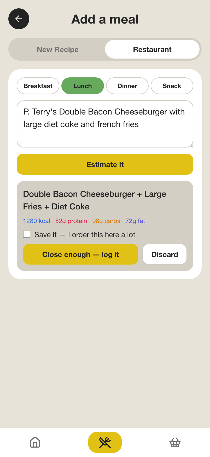 Kiwi estimates a restaurant meal from a plain-language description