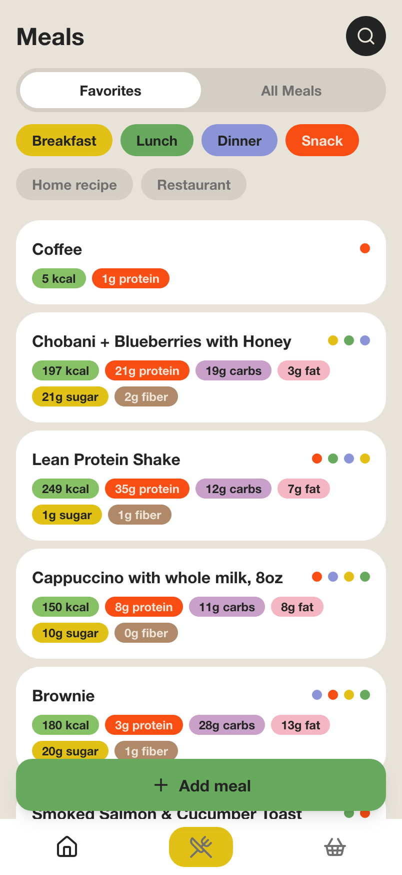 Kiwi's saved meals library